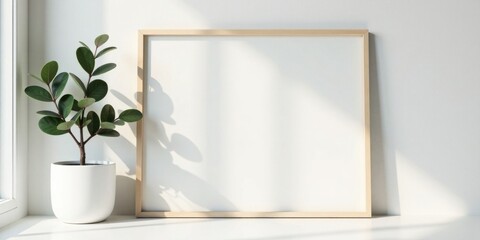 Sunlight illuminates a minimalist scene featuring a blank square frame and a potted plant, creating a serene and modern ambiance.