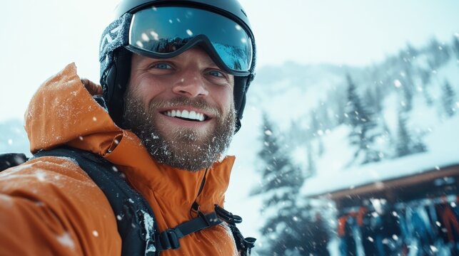 A cheerful skier captures the joy of winter sports in a snowy environment, embodying fun and friendship in outdoor adventures, perfect for promoting winter activities and sports gear.