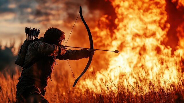 A silhouetted archer readies an arrow against a backdrop of roaring flames, emphasizing the intense clash between nature and the human spirit in survival and battle.