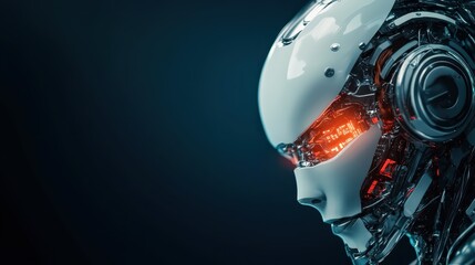 An artful representation of a sleek robotic head, filled with illuminated features that emphasize the advanced technological design and its stark contrast against the dark background.