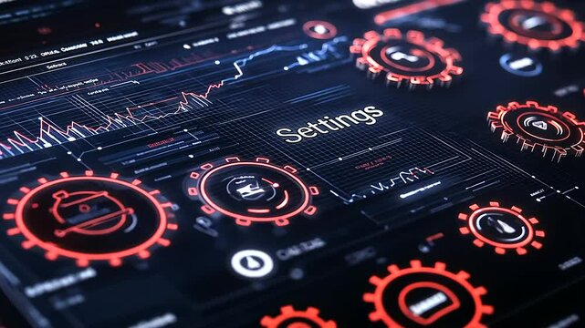 A dynamic visualization of interconnected gear icons representing different customization tools, with live graphs in the background and Settings text prominently displayed.