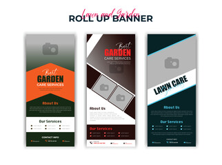 Lawn and garden care services roll-up banner with a professional maintenance template Expert landscaping design with vector elements gardening tools lush greenery eco-friendly solutions and quality.