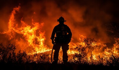 Naklejka premium silhouette of a firefighter standing tall against the backdrop of raging flames, holding his hose in hand, ready to battle for life and water