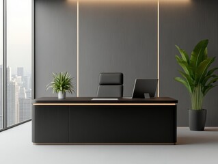 Fototapeta premium Modern office workspace featuring a sleek black desk and chair with city view