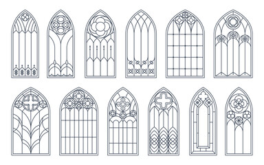 Medieval catholic arch and gothic church windows. Vector set of isolated outline black silhouettes. Vintage stained glass frames. Traditional European cathedral architecture monochrome elements