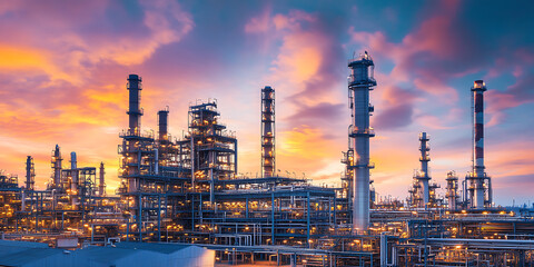 Fototapeta premium Expansive View of Oil Refinery Pipes Stretching Under a Clear Blue Sky