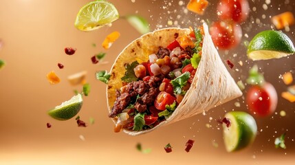 A flavorful taco is depicted amidst an exhilarating splash of ingredients, emphasizing the excitement and vibrancy of Mexican culinary culture captured in a dynamic way.