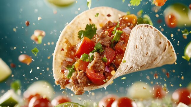 This dynamic image captures a crisp taco bursting with vibrant ingredients, showcasing the culinary richness and joyful essence of Mexican street food in exciting detail.