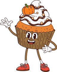 Cartoon groovy cupcake bakery and pastry dessert character with retro sneakers, topped with a pumpkin candy, whipped cream and chocolate sauce, joyfully waving hand with happy face exudes playful vibe