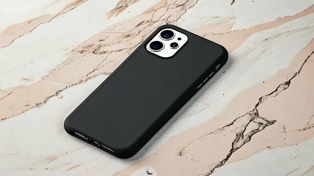 Sleek black smartphone case resting on a stylish marble surface with subtle patterns