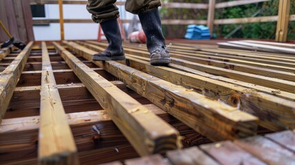 Worker Building Wooden Deck with Protective Boots