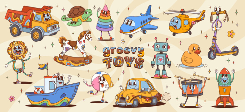 Retro cartoon groovy kid toy characters. Dump truck, turtle, rocking horse, airplane, scooter, robot and drum, rocket and helicopter. Rings pyramid, rattle, rubber duck and boat, ball and car