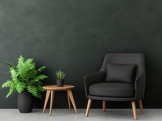 Modern living room scene featuring a stylish black armchair, wooden table, and greenery
