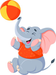 Cartoon funny elephant character sitting and joyfully playing with a colorful beach ball. Isolated vector cheerful elephant animal wearing bright red shirt with polka dots, showcasing a playful vibes