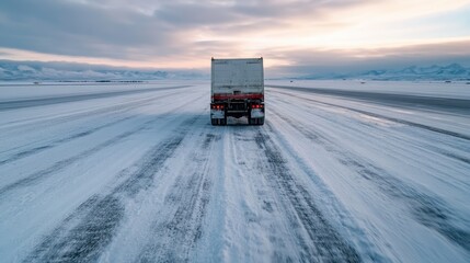 A captivating image of a truck driving across a snowy runway, highlighting the harsh beauty of winter and the resilience of human transportation in challenging weather conditions.