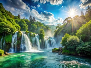 Naklejka premium Minimalist Waterfall Photography: Lush Forest, Sunny Sky, Blue Horizon, Serene Nature