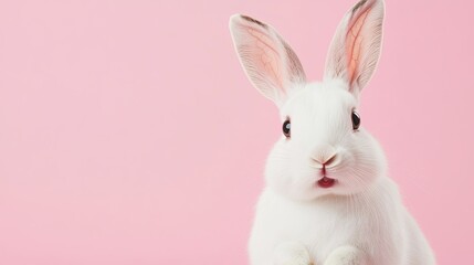 Obraz premium Cute White Bunny with surprised expression on Pink Background with Copy Space