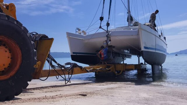 Yellow tractor is pulling a boat out of the water in a beautiful coastal area
