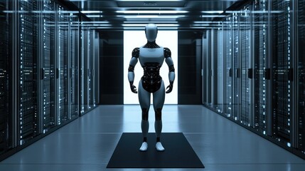 A sleek, futuristic robot with a round head and large,