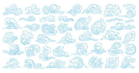 Sea japanese and chinese asian waves, ocean blue water surf vector line icons. Vintage oriental blue waves with asian geometric pattern of water splashes and ripples texture, storm or tsunami symbols
