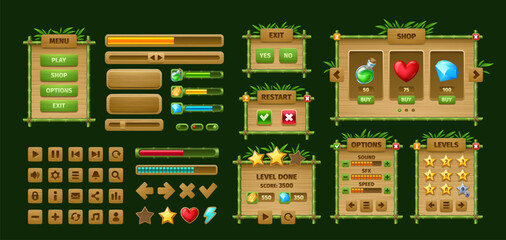 Bamboo game interface vector wooden sign boards and buttons with jungle palm tree leaves, UI elements. Cartoon bamboo wood sticks signboards, menu panels, progress bars and message windows, game asset © Buch&Bee