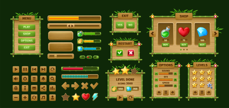 Bamboo game interface vector wooden sign boards and buttons with jungle palm tree leaves, UI elements. Cartoon bamboo wood sticks signboards, menu panels, progress bars and message windows, game asset
