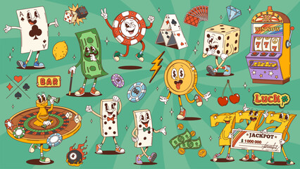 Retro groovy casino gambling cartoon characters of dice and gold coins, vector comic art. Groovy casino roulette or wheel of fortune with poker chips or gamble game jackpot in 70s hippie retro cartoon © Buch&Bee