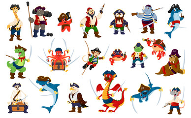 Cartoon animal pirate and corsair characters with sea captain hats, sailor bandanas and costumes. Cute vector personages of monkey, hippo, dino and owl, shark, dolphin and giraffe animal pirates