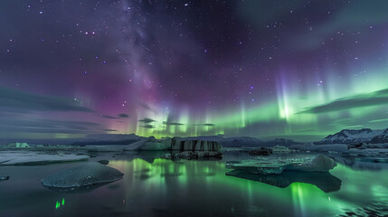 Aurora Borealis dancing above Jokulsarlon Glacier Lagoon, Iceland, mesmerizing night sky