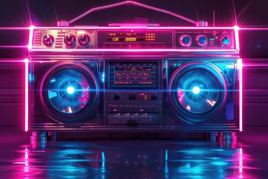 Retro-style boombox illuminated with vibrant neon lights, set against a reflective surface, evoking nostalgia