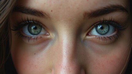 Fototapeta premium Gray eyes of a young woman, filled with depth, with a soft light