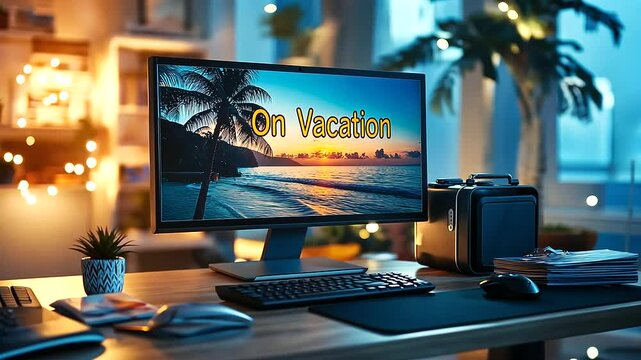 A glowing computer monitor featuring a serene beach sunset, with On Vacation written in bold letters on the screen, surrounded by travel brochures and a packed suitcase.