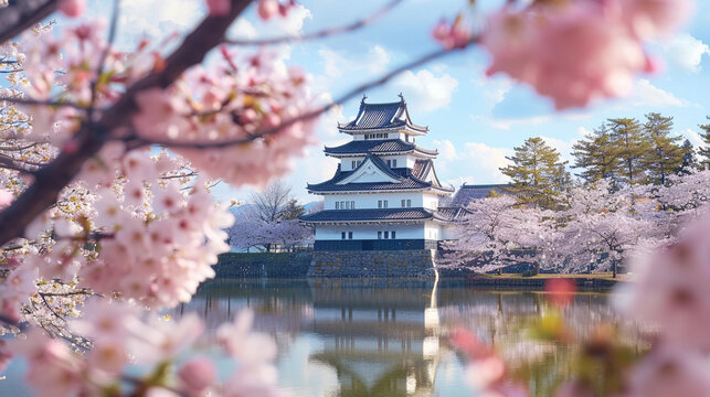 Cherry blossoms lining Hirosaki Park, Japan, historical castle backdrop, vibrant pink blooms