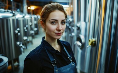 Woman contributes to innovative brewing techniques in a factory.