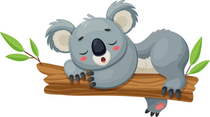 Cartoon funny koala bear character peacefully sleeping on the eucalyptus tree branch. Isolated vector cute tropical animal with fluffy gray fur, embodying adorable charm and relaxed Australian vibes © Buch&Bee