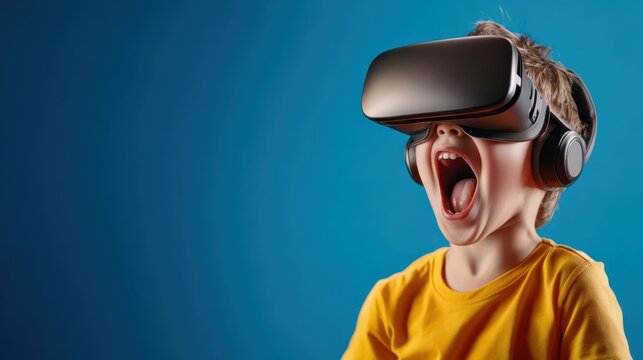 A young boy wearing a VR headset, laughing and excited, illustrates the thrilling and immersive world that virtual reality offers to children today.