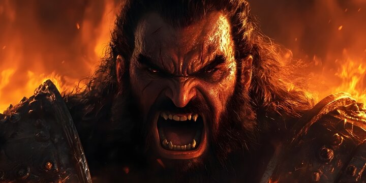 Wrath of the Warrior: An intense close-up of a fierce warrior, consumed by rage, amidst a fiery inferno, exuding raw power and fury in a dramatic, digital illustration.