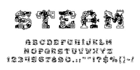 Steampunk font, mechanic type, machine gear typeface, english alphabet vector typography set. Steam punk letters and numbers font with hand drawn outline mechanical gears, gauges, screws and pipes