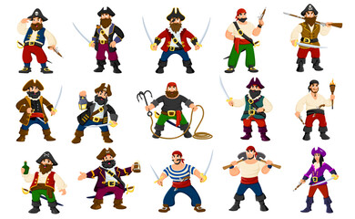 Cartoon pirate and corsair characters with black hats, patches, guns, hook and sabers. Funny corsairs vector personages of pirate captains, sailors, skipper and boatswain wearing filibuster costumes