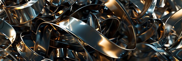 Abstract metallic ribbons or shavings in silver and gold tones, creating an industrial, textured, and dynamic background.

