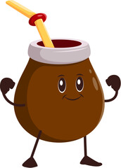 Mate tea calabash drink groovy funny character. Argentina yerba leaf beverage calabash retro groovy personage, South America herbal tea pot cartoon vector mascot. Mate natural drink funny character