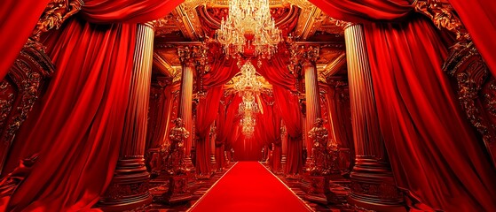 A Majestic Grand Hall with Red Curtains and Gold Columns, creating a regal and opulent atmosphere