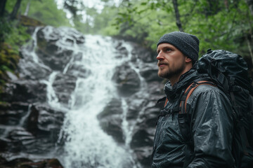 a man standing in front of a waterfall in the woods with a backpack on his back and a backpack on his shoulder