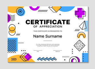 Achievement certificate of appreciation template with Bauhaus abstract shapes. Personal achievement congratulation diploma, graduation celebration certificate vector template with geometric pattern