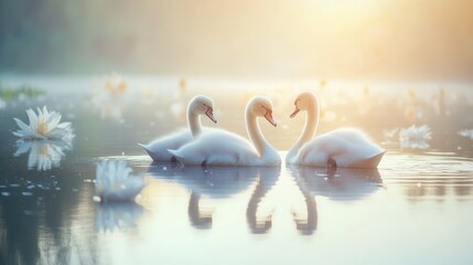 Three cygnets swim in a shallow, greenish pond surrounded by tall grasses.