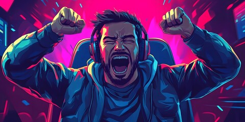 Gamer's Exuberant Victory: A gamer with headphones radiates pure, unadulterated joy, fist-pumping in a neon-lit room in celebration of an incredible gaming accomplishment