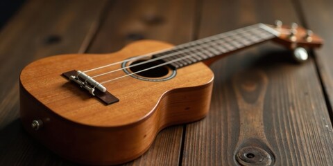 Fototapeta premium A Soprano Ukulele Resting on a Dark Wooden Surface, Displaying its Polished Wood Grain and Intricate Details
