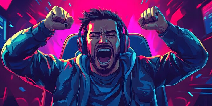 Gamer's Exuberant Victory: A gamer with headphones radiates pure, unadulterated joy, fist-pumping in a neon-lit room in celebration of an incredible gaming accomplishment