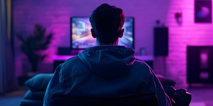 Immersed in the Digital Realm: A focused individual is absorbed in a gaming session in a room with captivating purple and blue neon lighting, creating an electrifying ambiance.