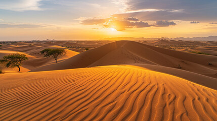 Golden sunset over the red sand dunes, Mui Ne, Vietnam, warm tones, rippling patterns